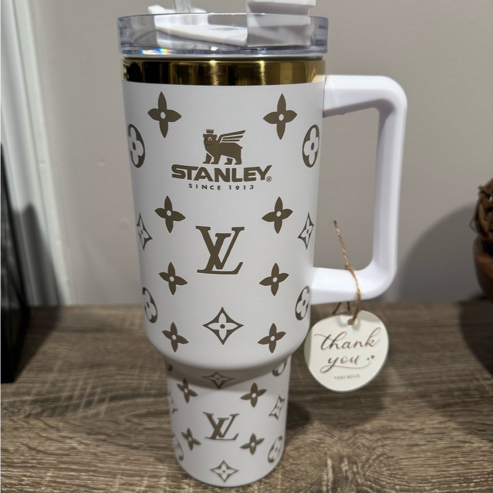 Stanley White 40 oz Travel Tumbler with Gold Monogram Accents